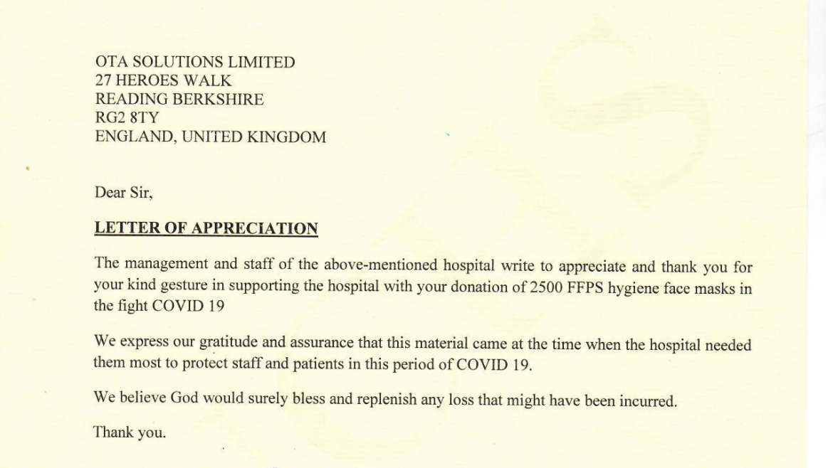 Letter of appreciation from St Peter’s Hospital